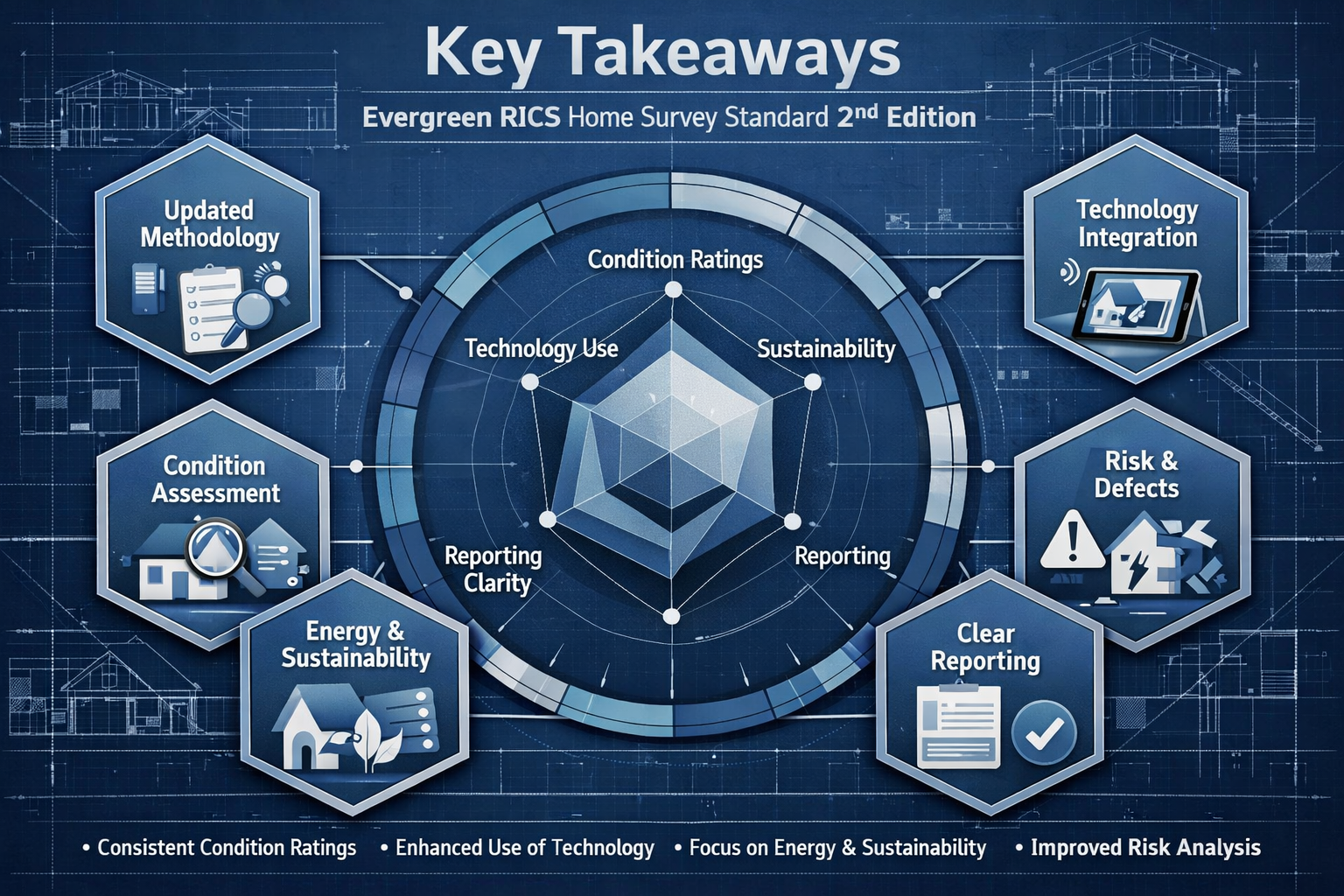 Professional editorial infographic visualizing 'Key Takeaways' for Evergreen RICS Home Survey Standard 2nd Edition,