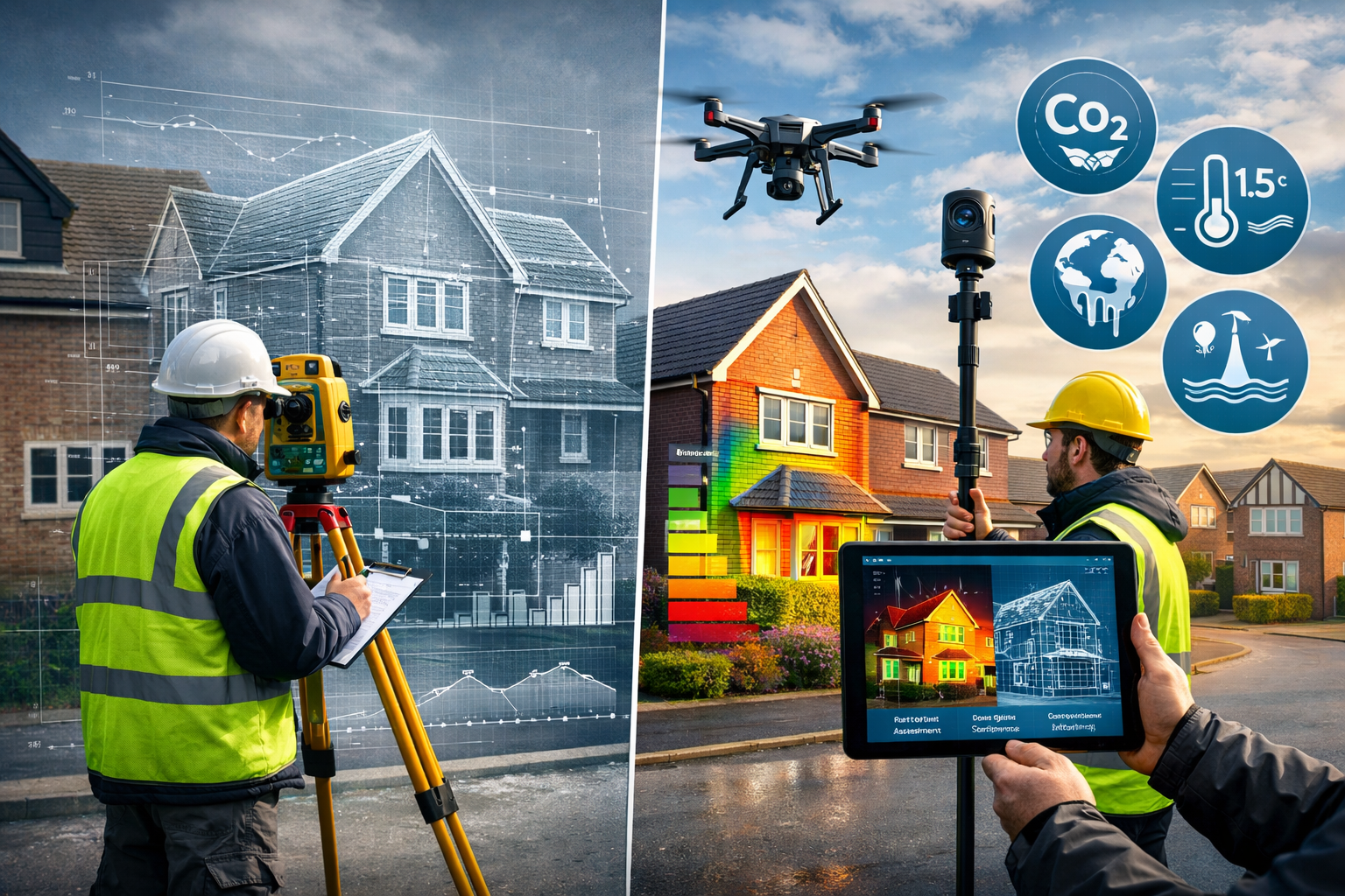 Detailed () professional image depicting modern surveying technology integration including drone hovering above residential