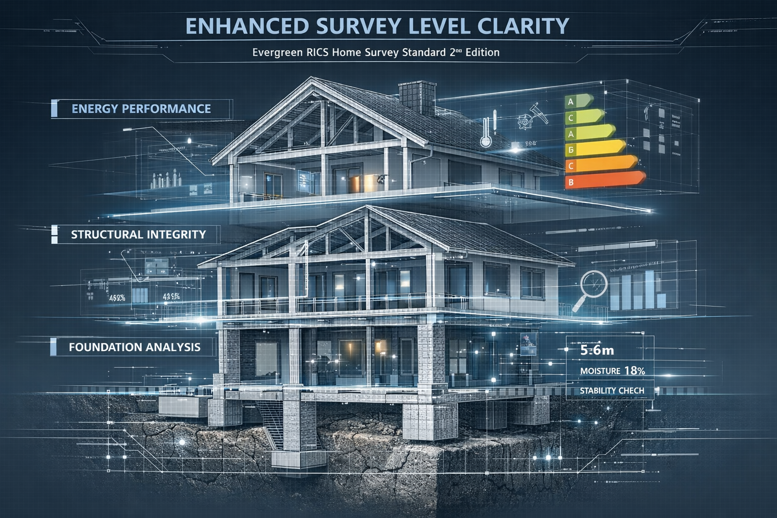 Technical architectural rendering showcasing 'Enhanced Survey Level Clarity' with layered building cross-section, displaying