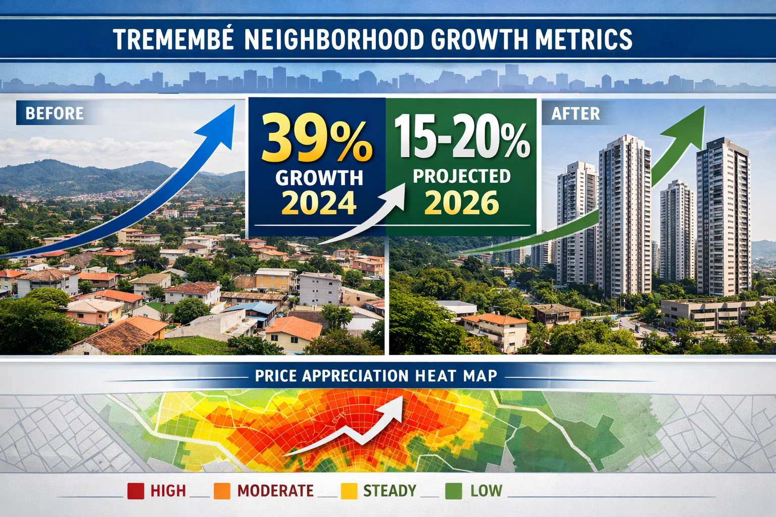 () detailed infographic showing Tremembé neighborhood growth metrics with large percentage indicators '39% Growth 2024' and