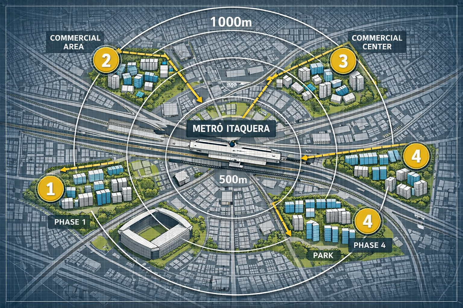 () architectural site plan illustration showing strategic developer positioning around transit infrastructure, bird's-eye