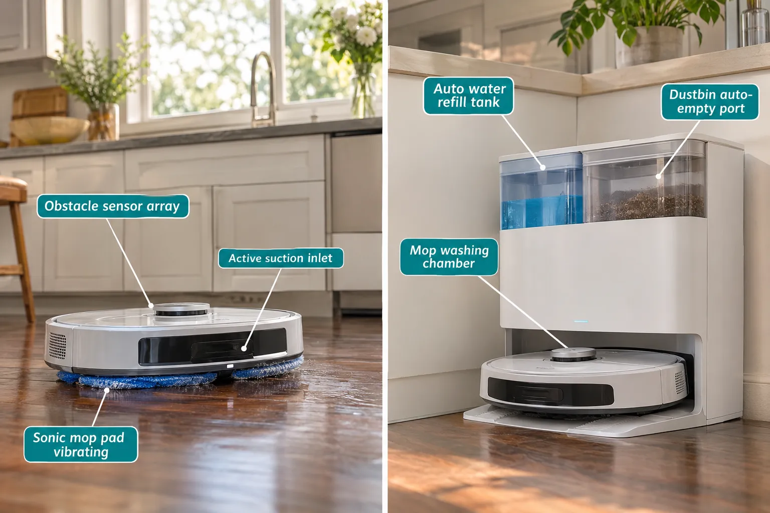 Best Robot Vacuum and Mop Split-screen annotated documentary photograph (1536x1024): Left half shows a robot vacuum mop combo actively cleaning a dark hardwood floor in a bright modern kitchen, with three callout labels pointing to: 'Sonic mop pad vibrating', 'Active suction inlet', 'Obstacle sensor array'. Right half shows the same robot docked at a large white self-emptying station with callouts: 'Mop washing chamber', 'Auto water refill tank', 'Dustbin auto-empty port'. Warm natural daylight from a kitchen window, sharp editorial photography, teal accent labels on white callout lines, magazine quality. How We Picked and Tested: Why You Should Trust This Review