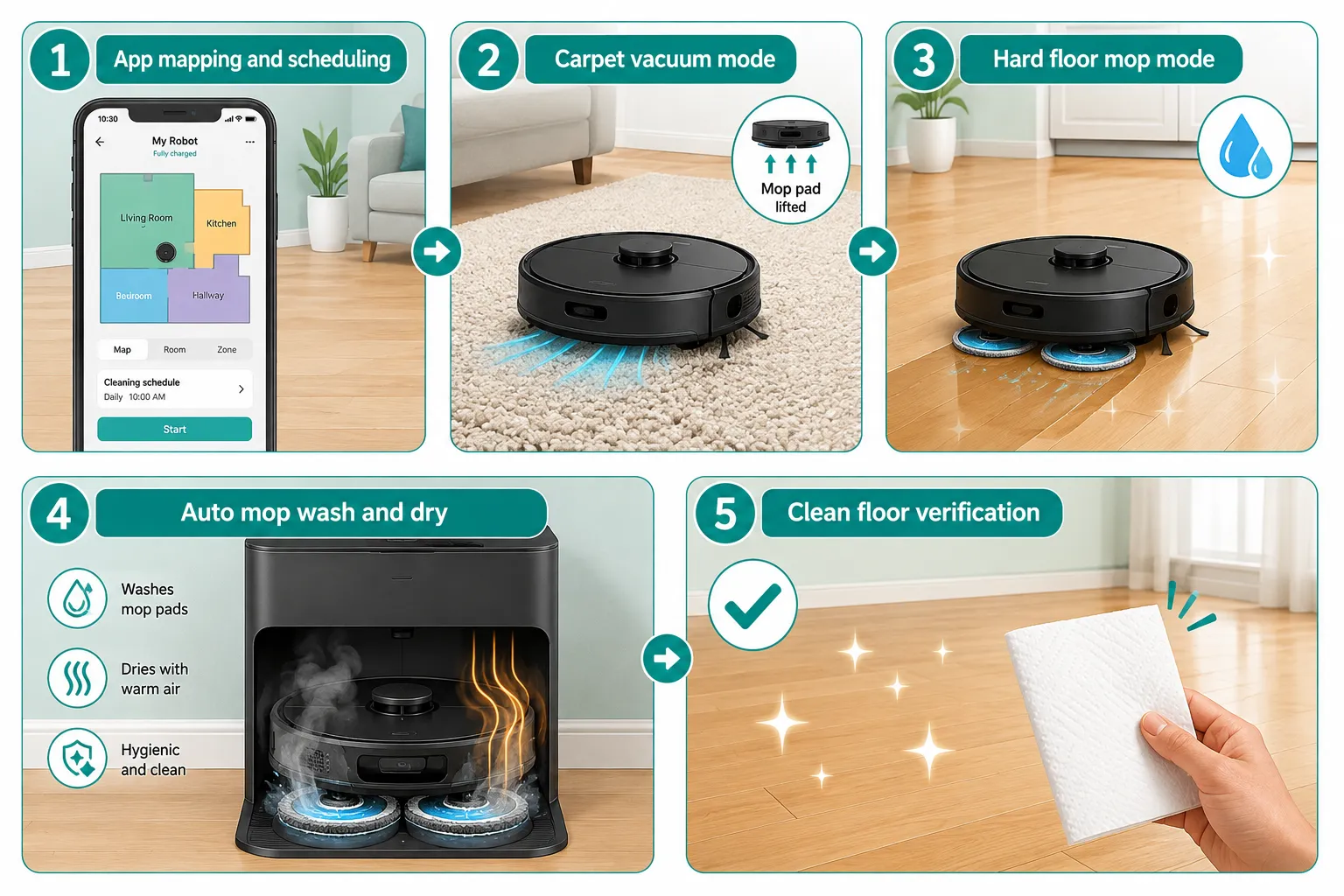 Best Robot Vacuum and Mop Numbered step-by-step process flow illustration (1536x1024) showing robot vacuum mop setup and maintenance cycle: Step 1 icon shows robot mapping a floor plan on a phone app screen labeled 'App mapping and scheduling'; Step 2 shows robot vacuuming carpet with mop pad lifted labeled 'Carpet vacuum mode'; Step 3 shows robot mopping hardwood with water trail labeled 'Hard floor mop mode'; Step 4 shows dock washing mop pads with steam labeled 'Auto mop wash and dry'; Step 5 shows clean floor with a white paper towel test labeled 'Clean floor verification'. Flat vector illustration style, bright teal and white palette, numbered circular icons, clean modern layout. What to Look Forward To: Upcoming Robot Vacuum Mop Models