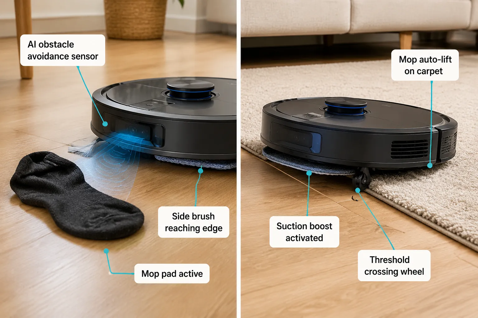 Best Robot Vacuum and Mop Annotated split-panel editorial photograph (1536x1024): Left panel shows a close-up of a robot vacuum mop combo navigating around a dark sock on a light hardwood floor, with callout labels: 'AI obstacle avoidance sensor', 'Side brush reaching edge', 'Mop pad active'. Right panel shows the same robot crossing a thick area rug threshold with callouts: 'Mop auto-lift on carpet', 'Suction boost activated', 'Threshold crossing wheel'. Bright overhead studio lighting, warm wood tones, sharp depth of field, teal callout lines on white labels, editorial product photography quality. What Is the Difference Between Robot Vacuums and Robot Mops?