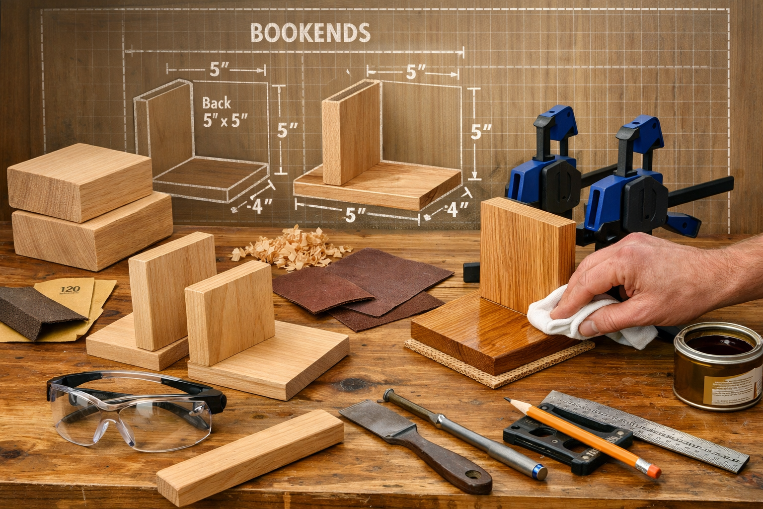 A visually engaging landscape format (1536x1024) image illustrating a woodworking workbench with various stages of simple wooden bookend con
