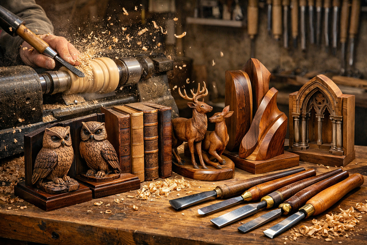 A landscape format (1536x1024) image showcasing advanced woodworking techniques for sculpted wooden bookends. Feature a wood lathe in action