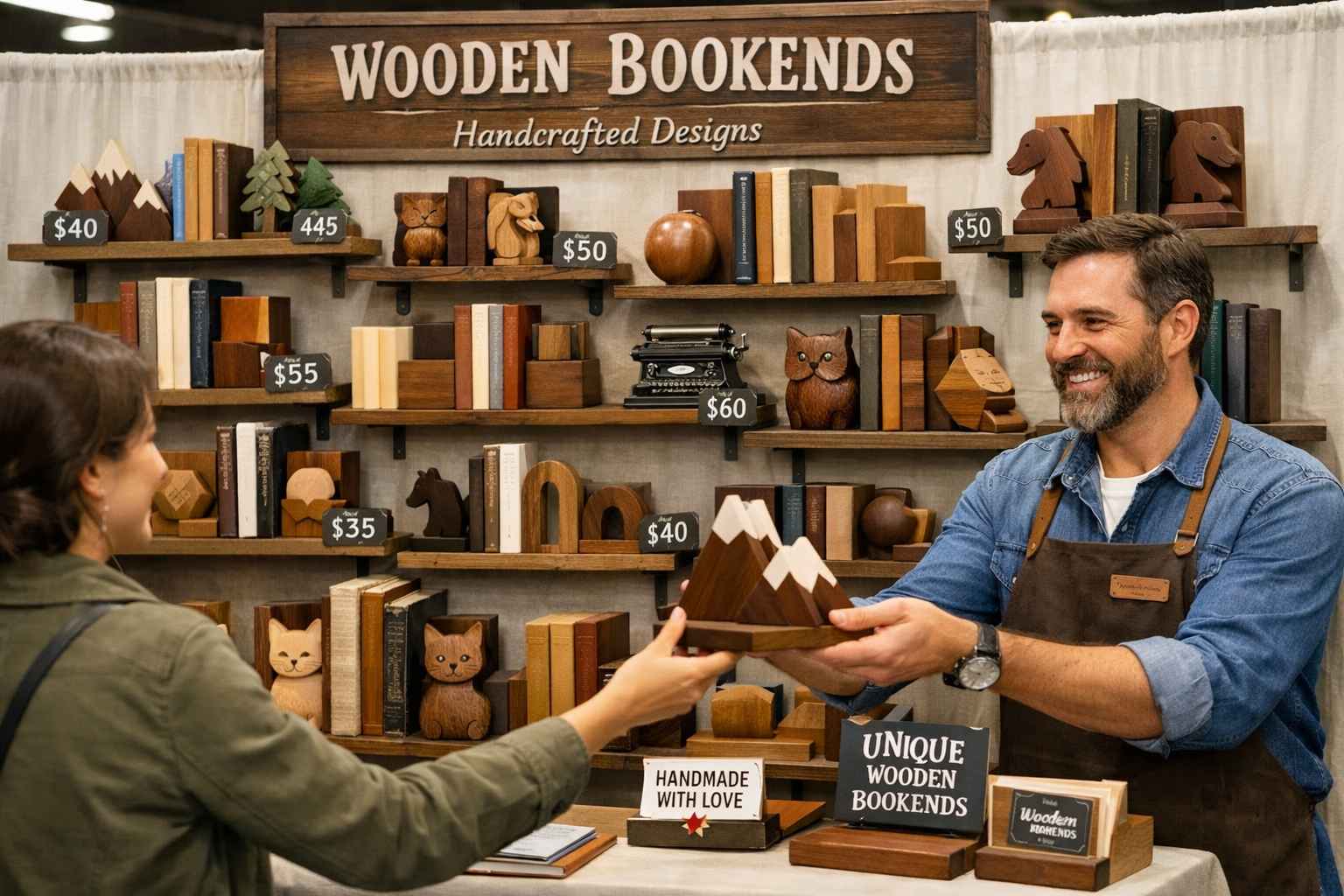 A professional landscape format (1536x1024) image depicting a well-organized craft fair booth displaying a diverse collection of wooden book