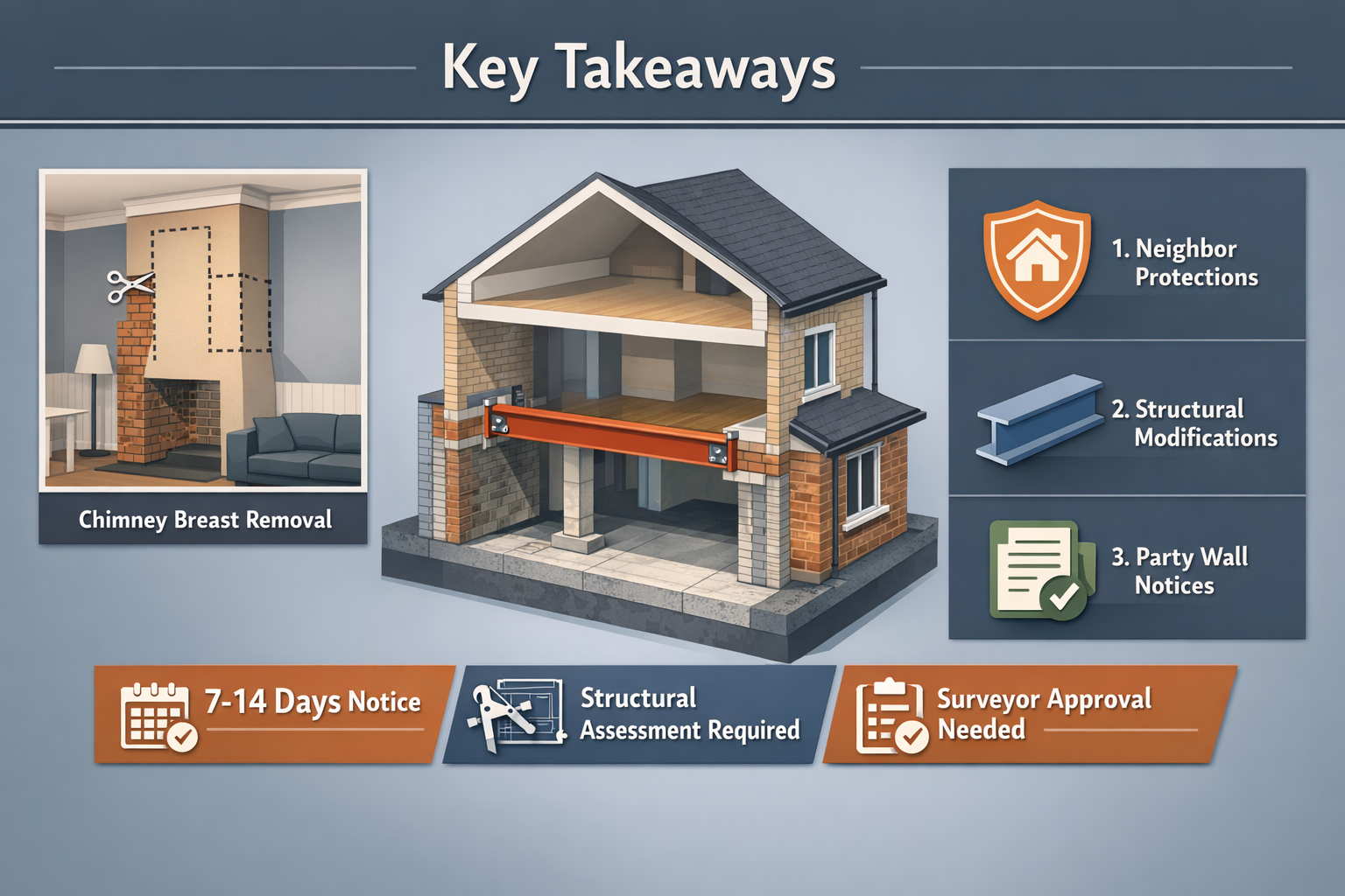 Infographic-style visual summary for 'Key Takeaways' section featuring a split-screen architectural diagram: left side