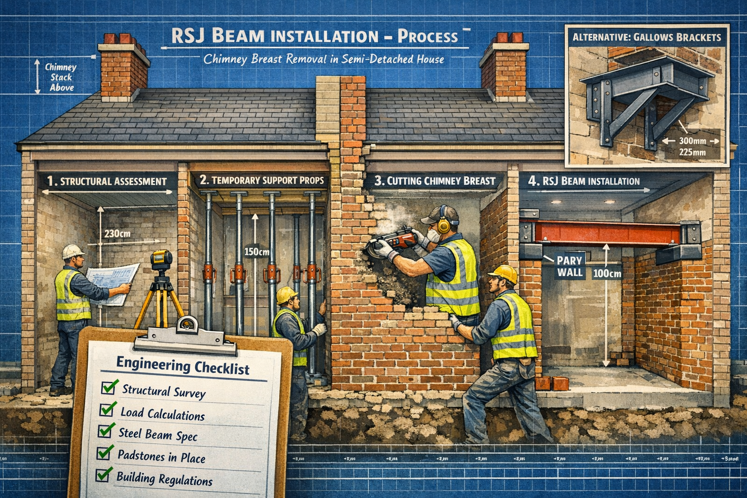 () cutaway architectural diagram showing RSJ beam installation process for chimney breast removal in semi-detached property.