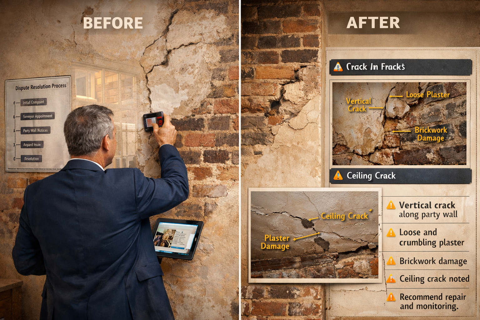 () professional scene showing party wall surveyor conducting condition survey in Victorian home interior with exposed