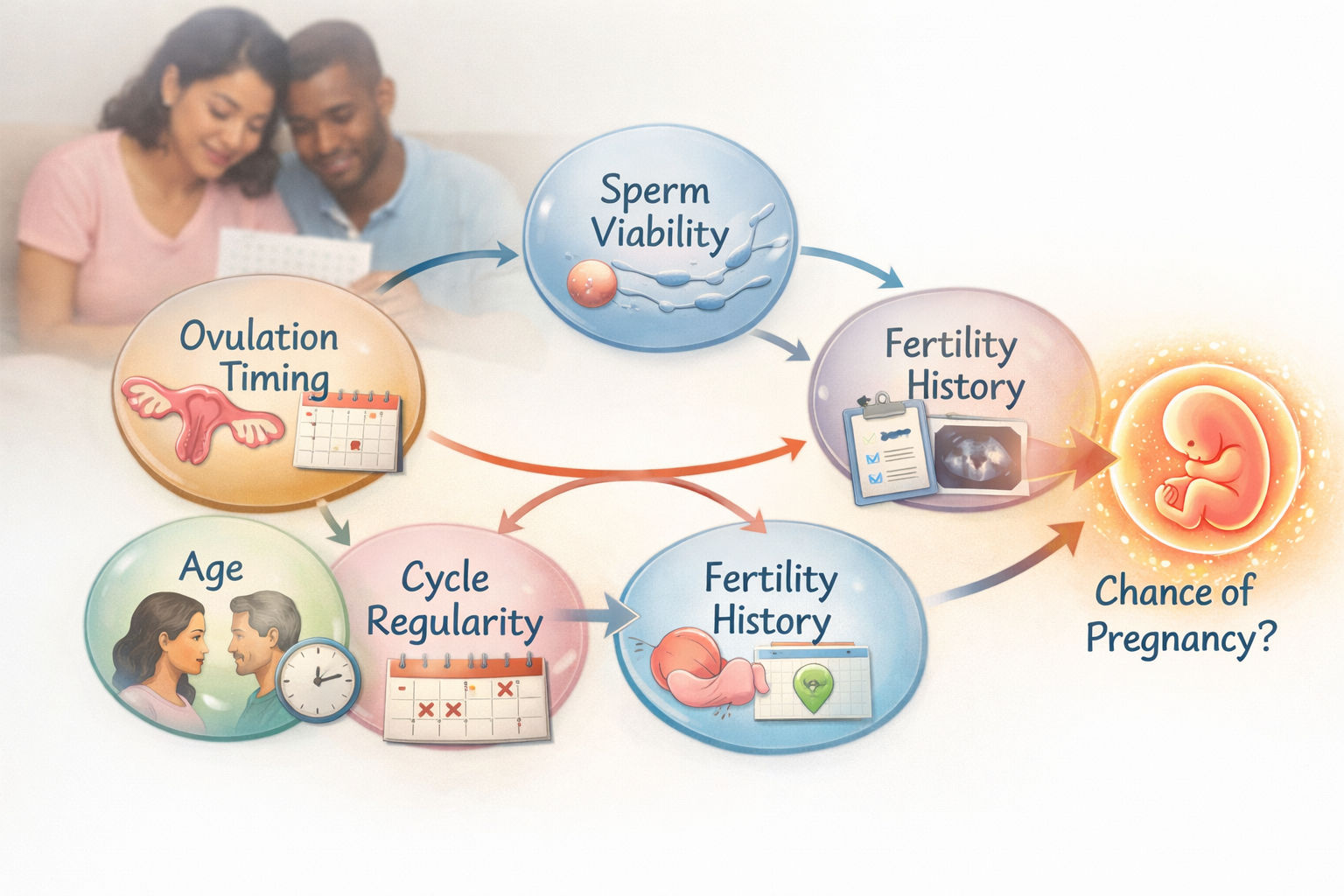 () image depicting the various factors influencing pregnancy chances after a single act. A central infographic-style graphic