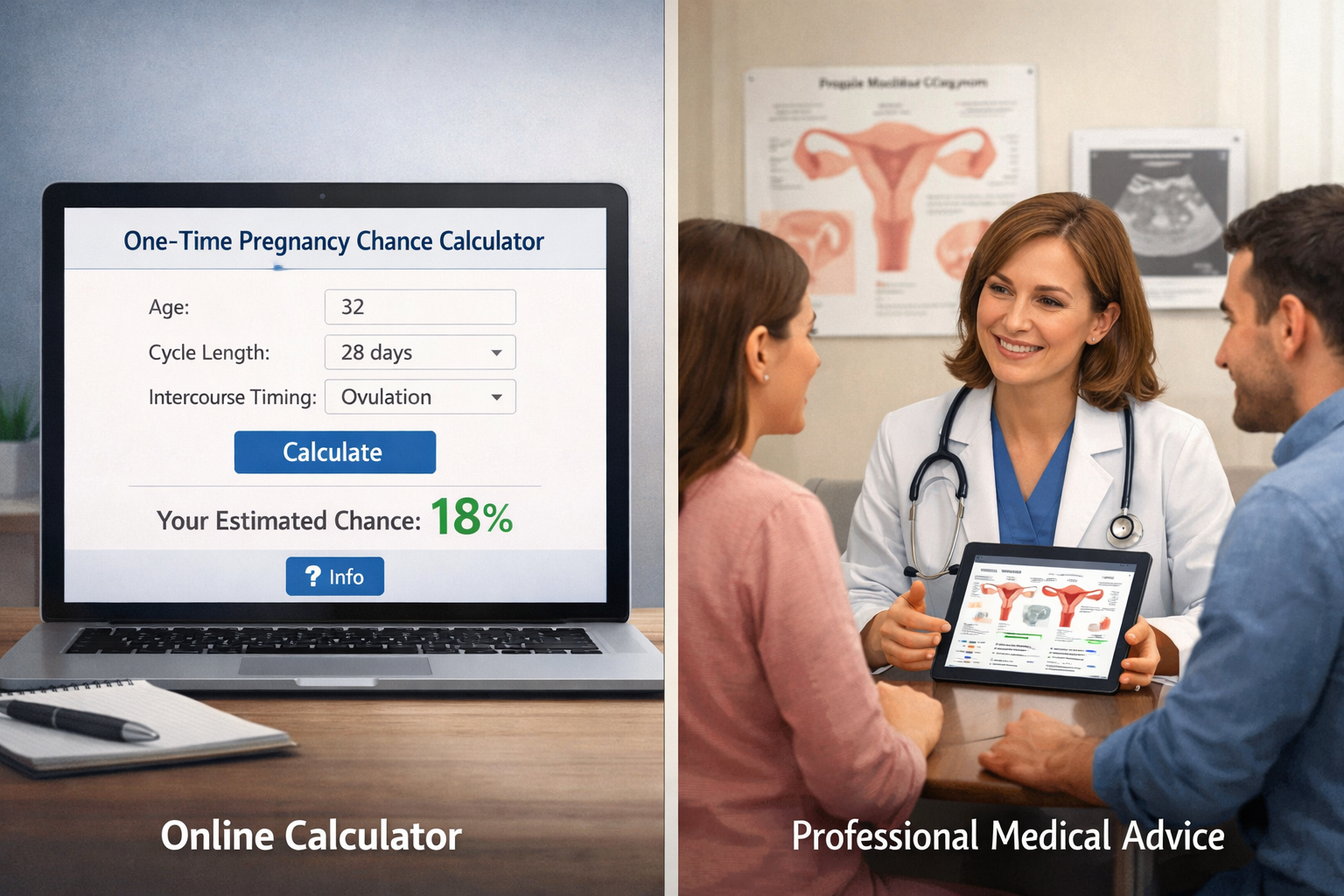 () image comparing the utility of a 'one time pregnancy chance calculator' with professional medical advice. On one side, a