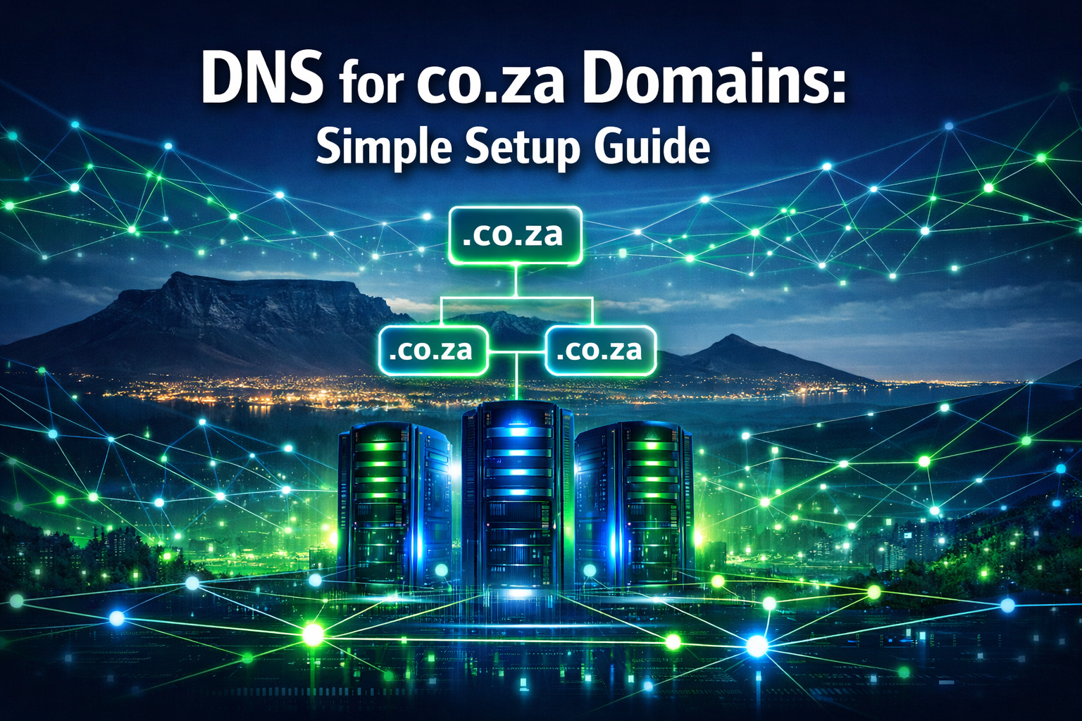 Do not include any price Professional landscape format (1536x1024) hero image with bold text overlay 'DNS for co.za Domains: Simple Setup Gu