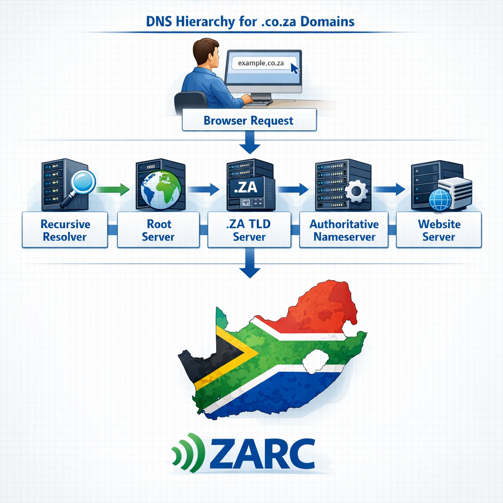 Do not include any price Square format (1024x1024) detailed infographic showing DNS hierarchy for .co.za domains with visual flowchart. Top 