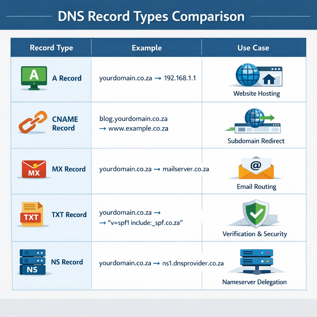 Do not include any price Square format (1024x1024) DNS record types comparison chart showing five common record types in organized table for