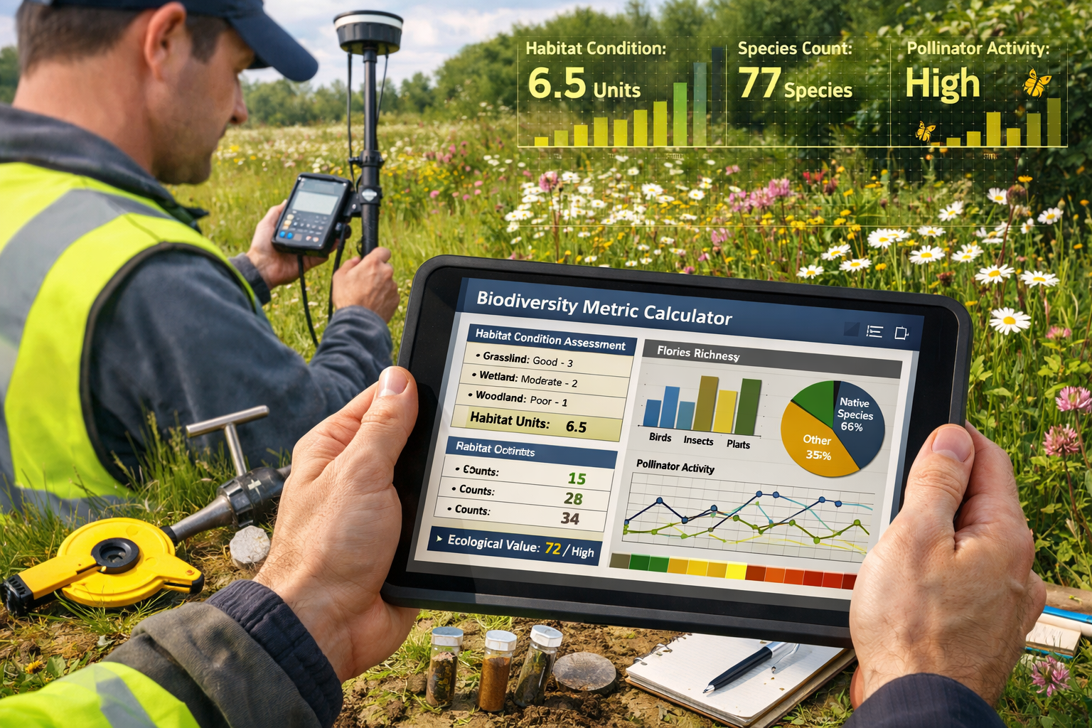 () detailed image showing professional surveyor in high-visibility vest using digital measurement tools and GPS equipment in