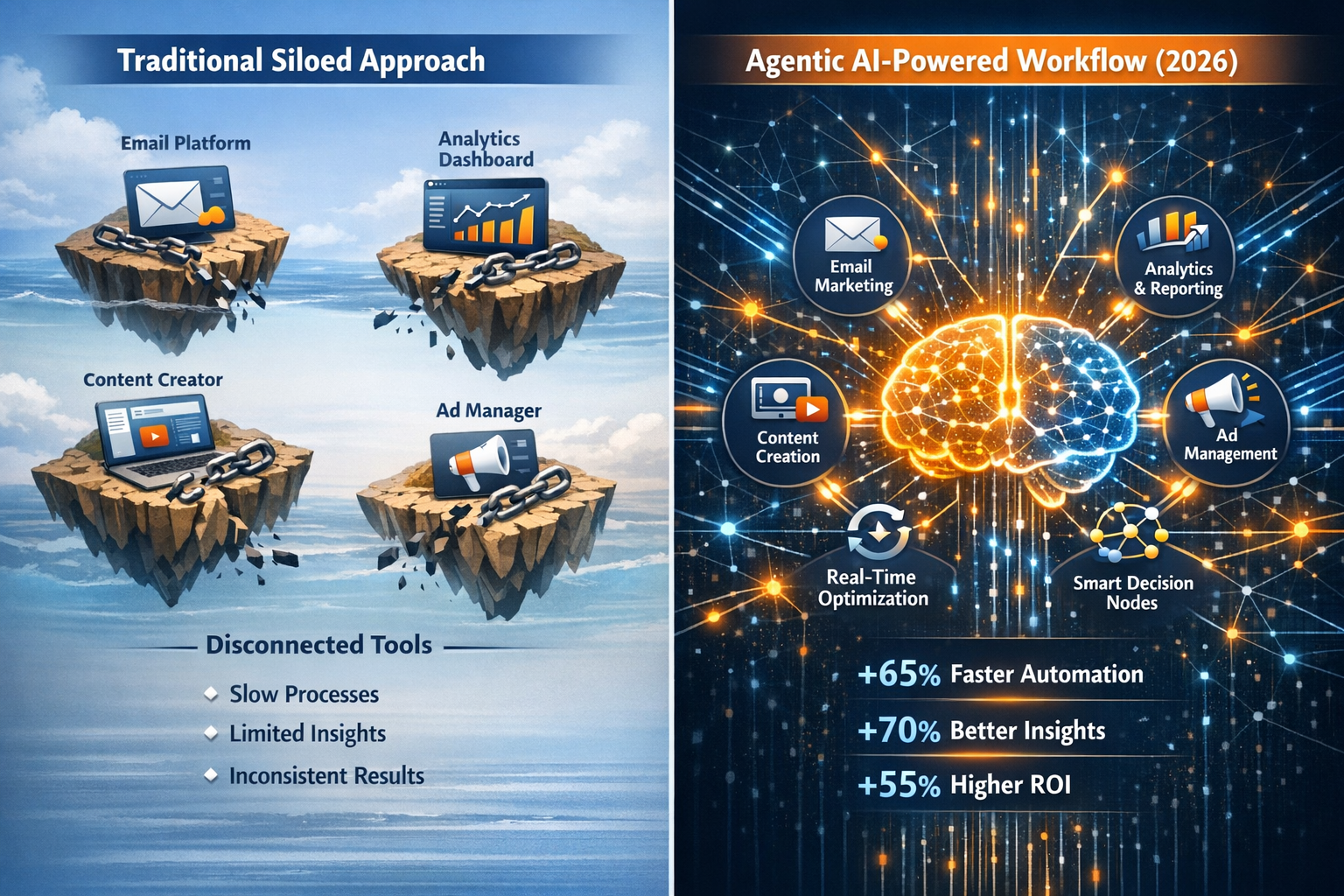 Landscape format (1536x1024) detailed infographic showing evolution comparison split-screen: left side displays disconnected discrete market