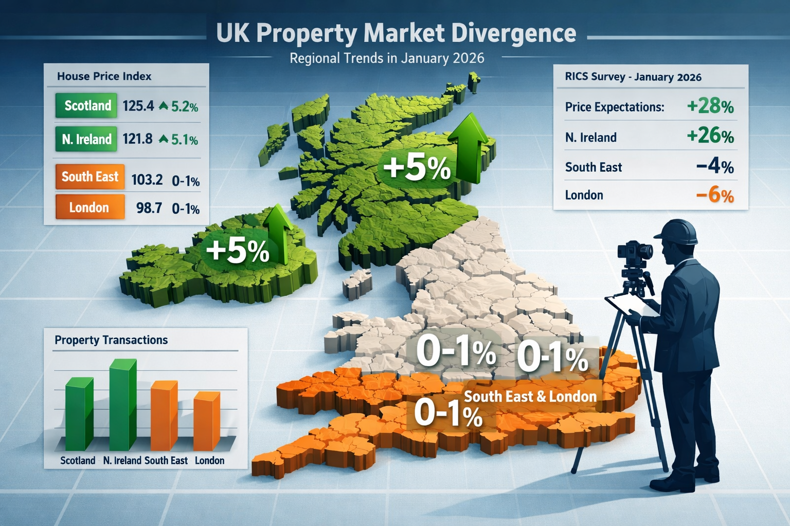 Landscape format (1536x1024) detailed illustration showing UK regional property market divergence with three-dimensional map of Britain feat