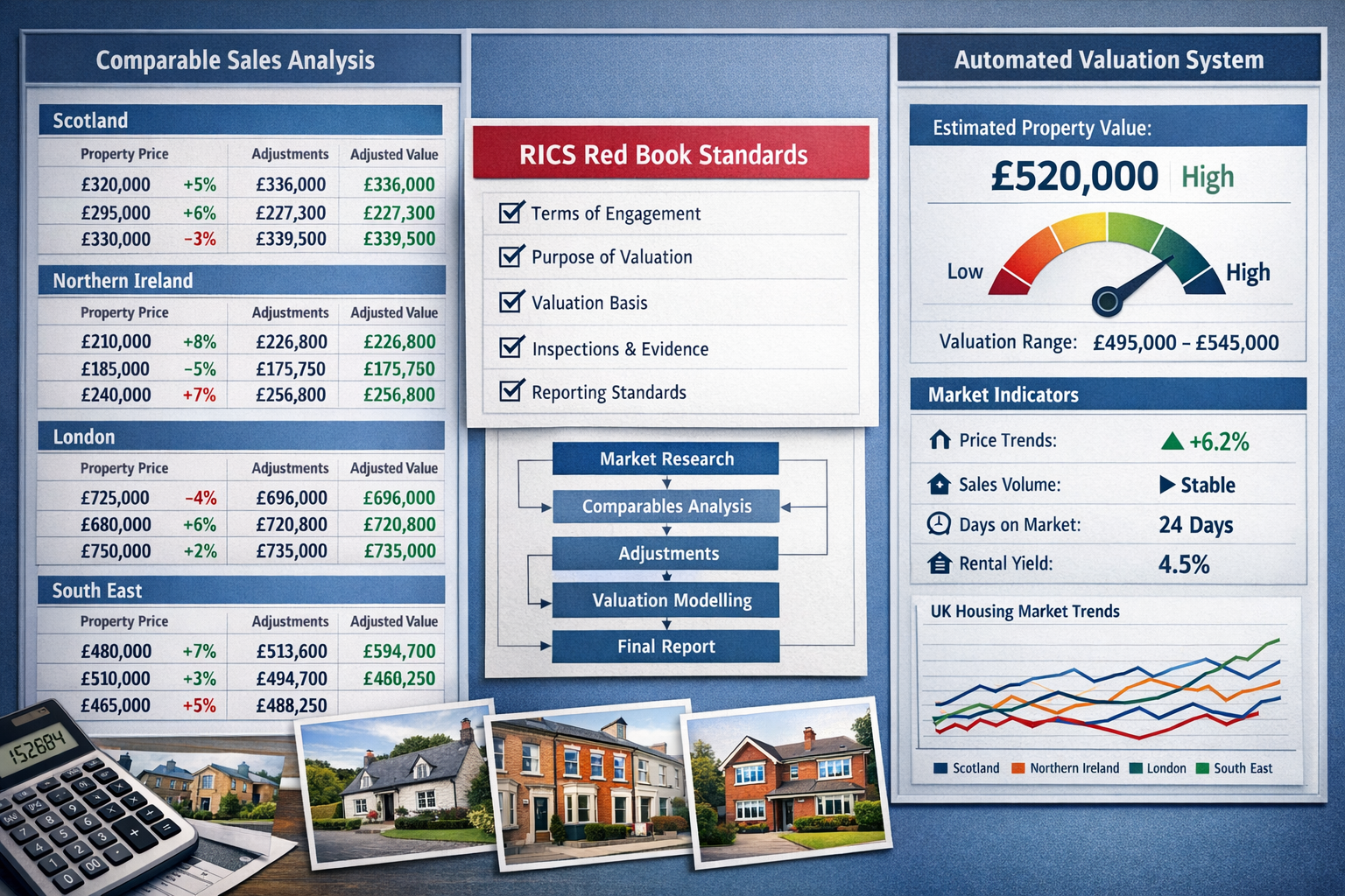 Landscape format (1536x1024) comprehensive visual showing professional chartered surveyor conducting comparative market analysis across mult