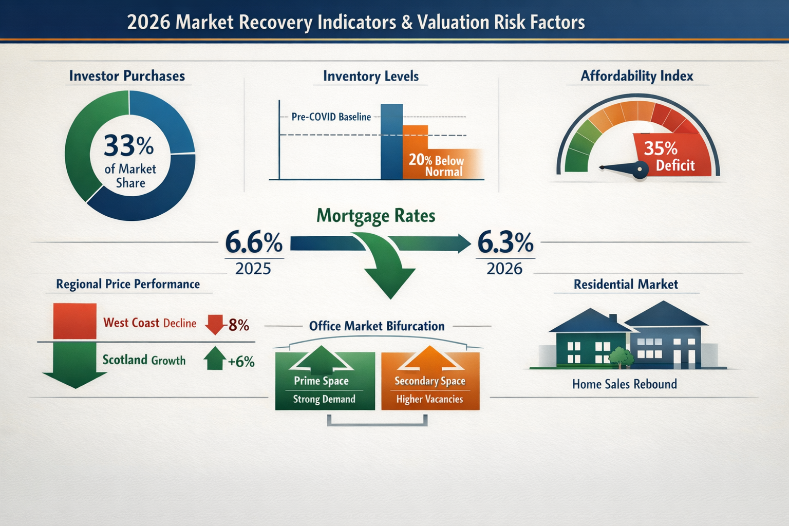 Landscape format (1536x1024) detailed infographic illustrating 2026 market recovery indicators and valuation risk factors. Central timeline