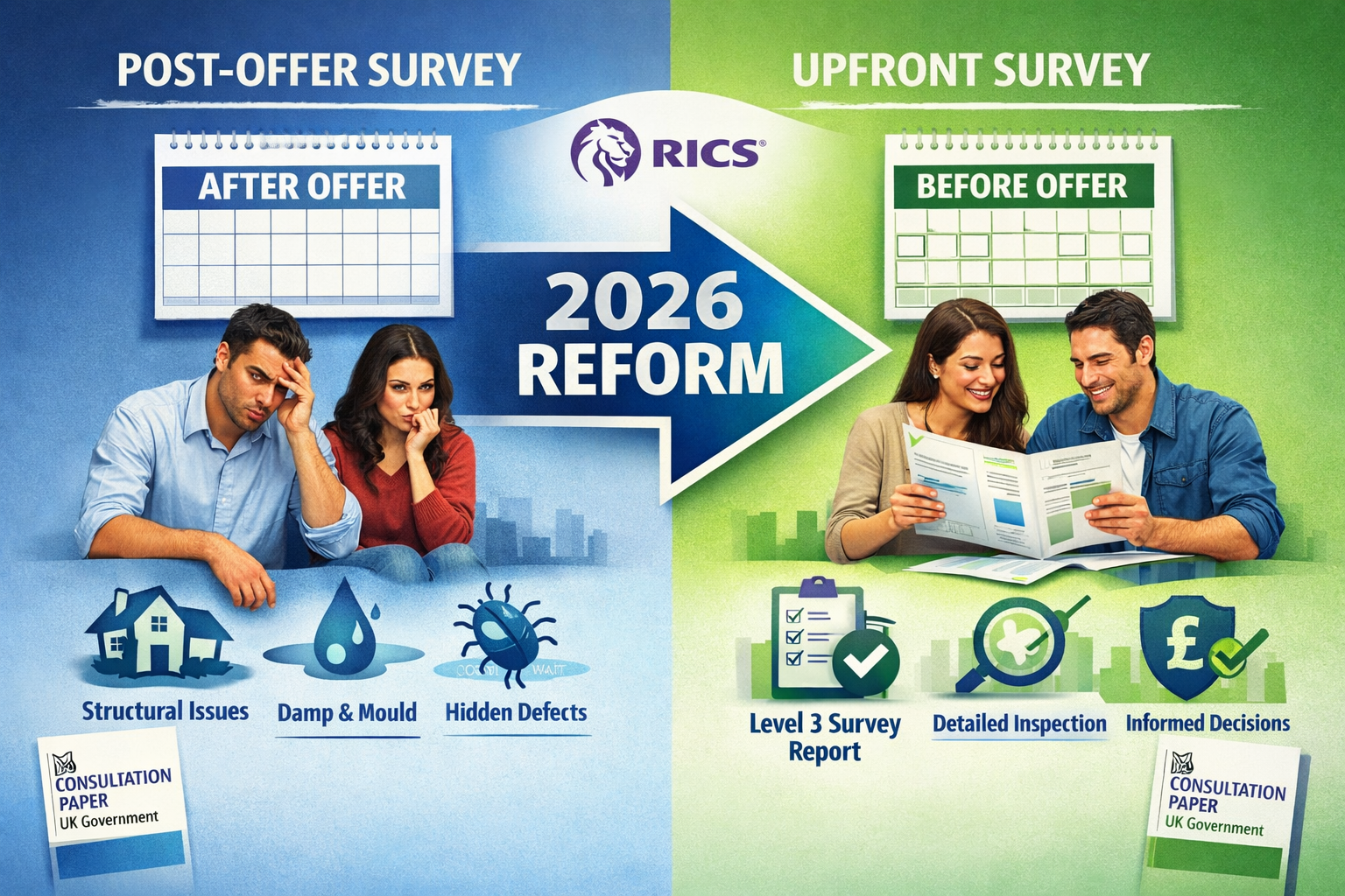 () editorial image showing split-screen composition: left side displays traditional post-offer survey timeline with calendar