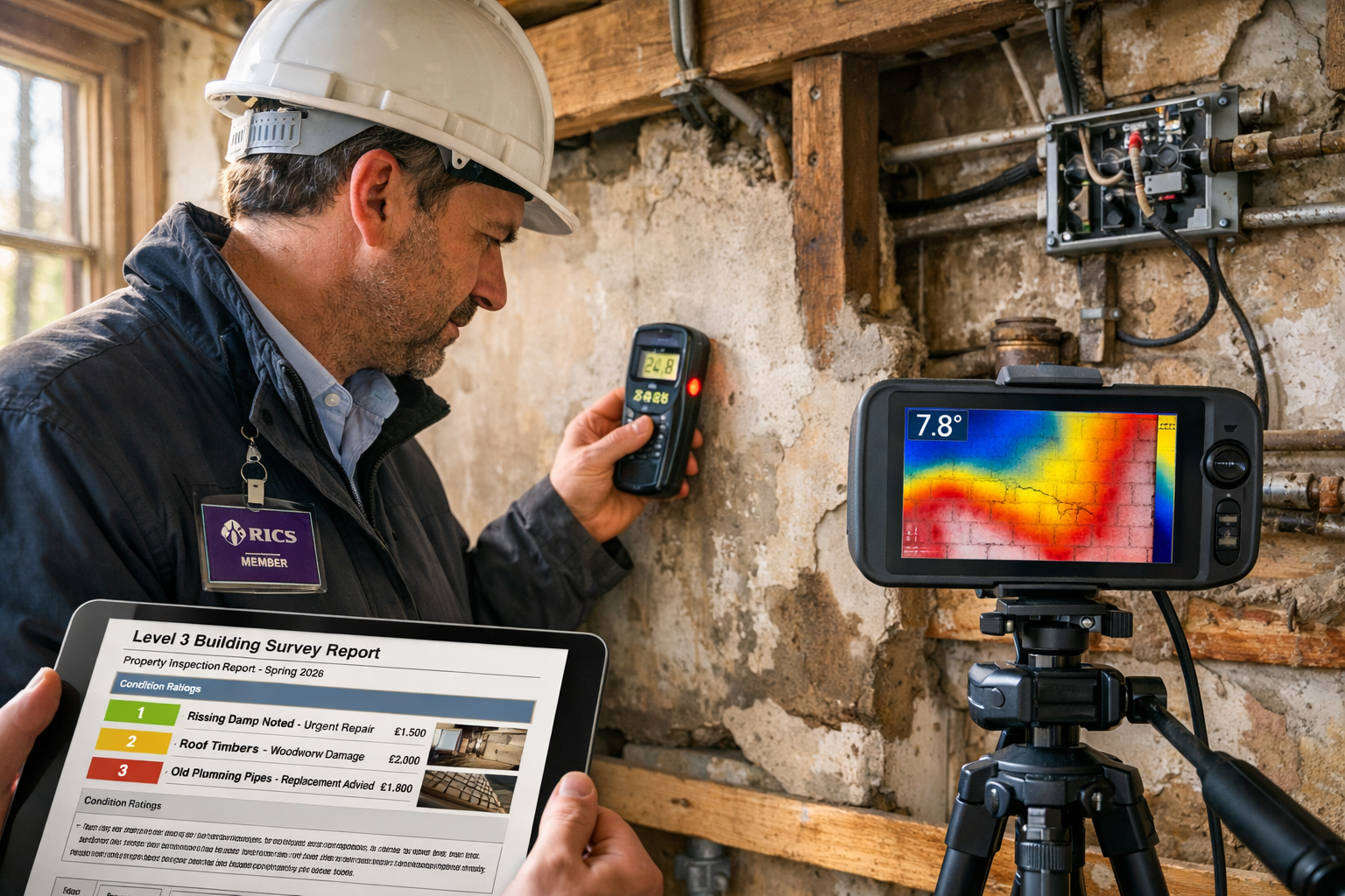 () detailed image of chartered surveyor conducting comprehensive Level 3 property inspection inside period property.