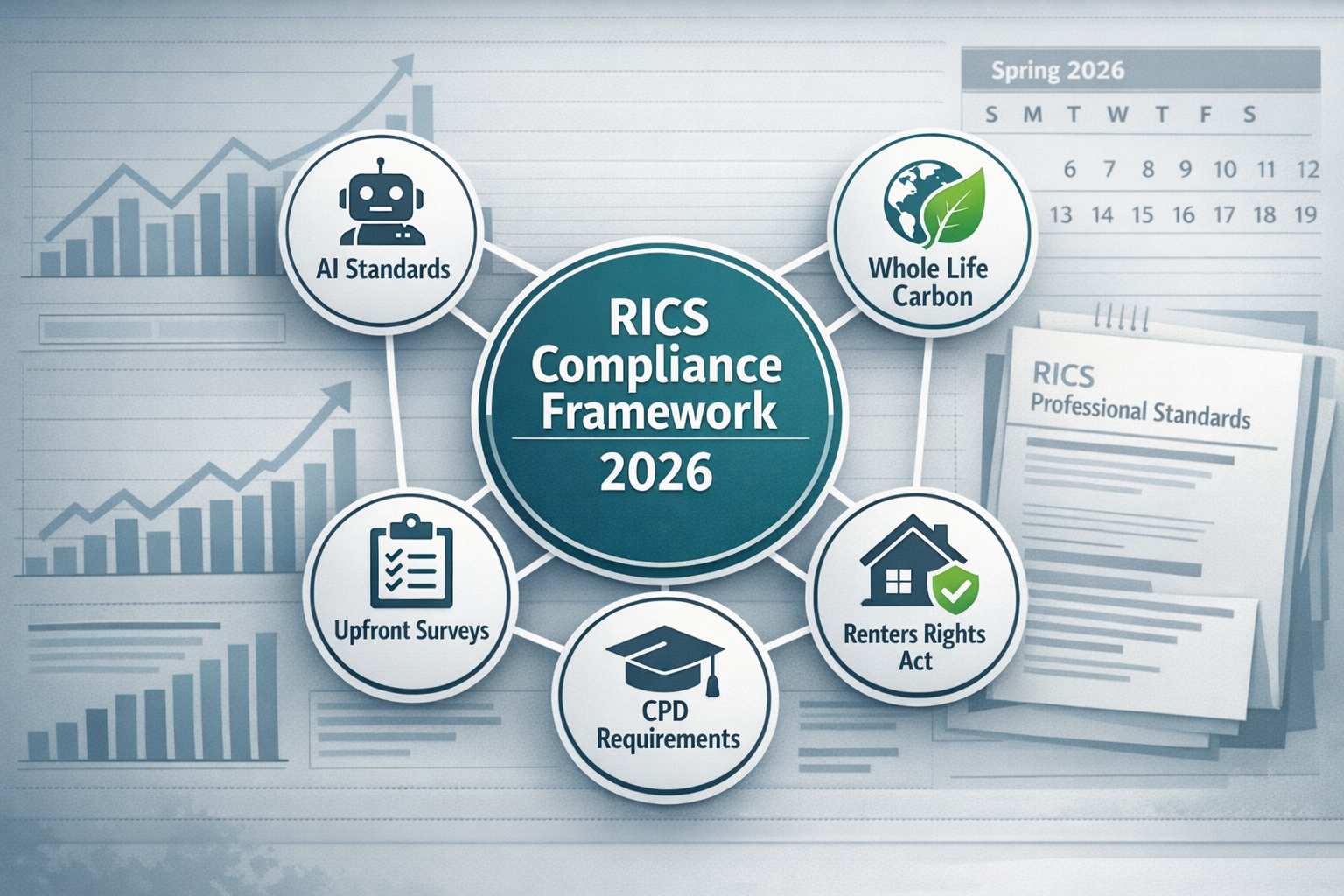 () professional infographic-style image showing RICS compliance framework for 2026. Central circular diagram with five