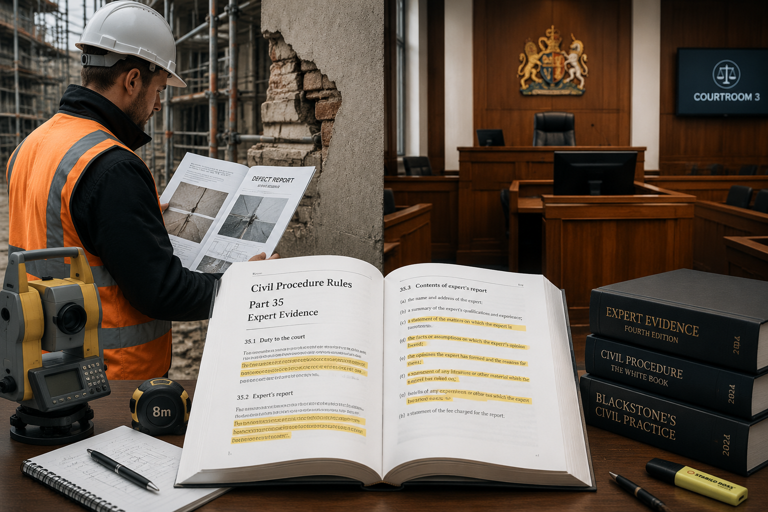() editorial illustration showing a split-scene: left side depicts a building surveyor in hard hat reviewing construction