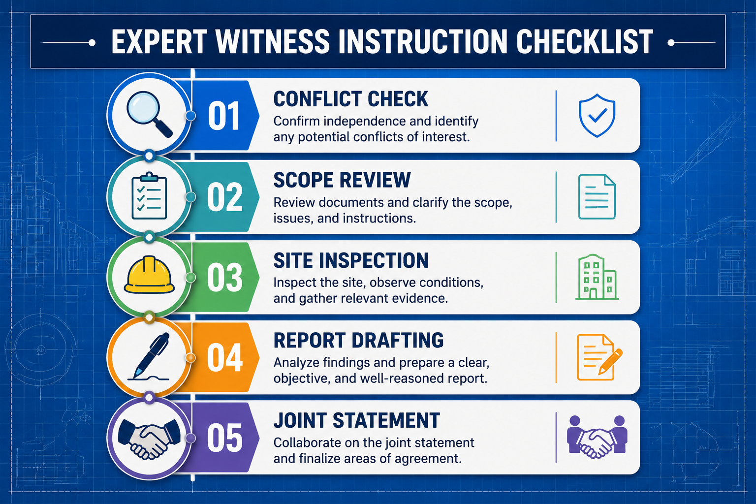 () infographic-style image showing a vertical step-by-step flowchart roadmap titled 'Expert Witness Instruction Checklist'