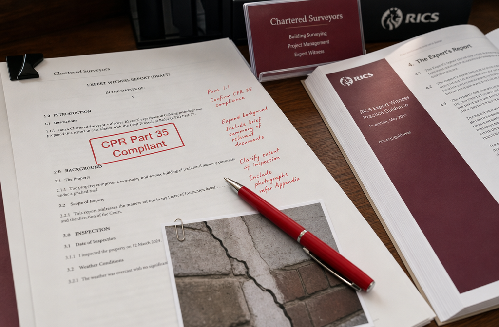 () close-up editorial photograph of a chartered surveyor's desk showing an expert witness report draft with 'CPR Part 35