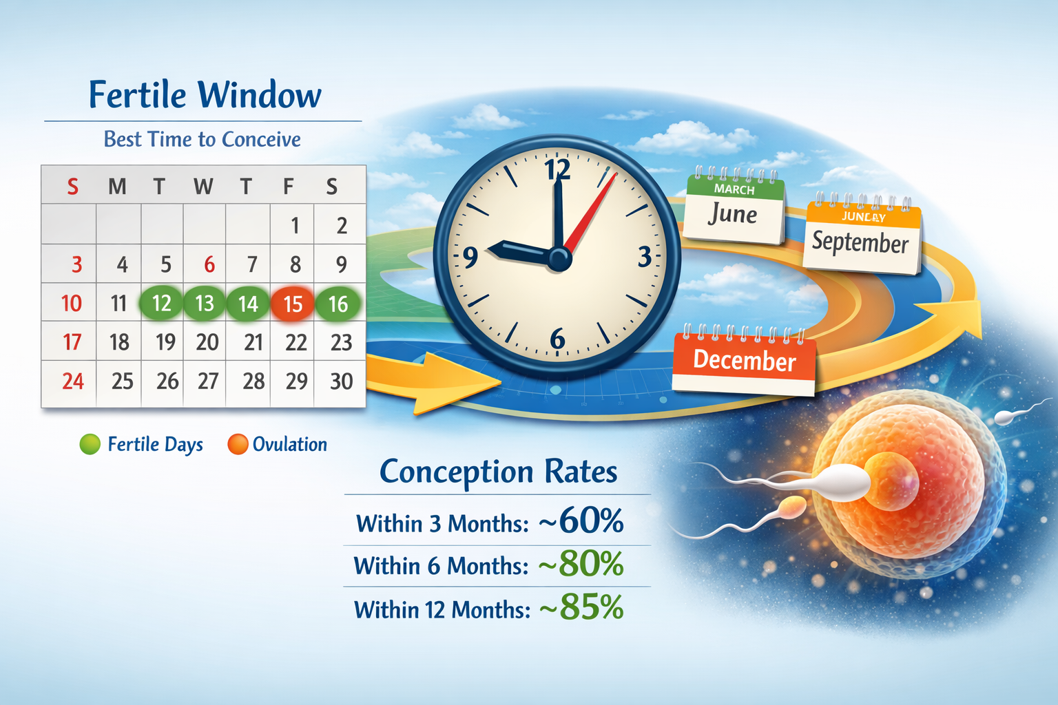 Landscape format (1536x1024) image illustrating the typical timeline for conception, featuring a calendar with highlighted fertile days and 