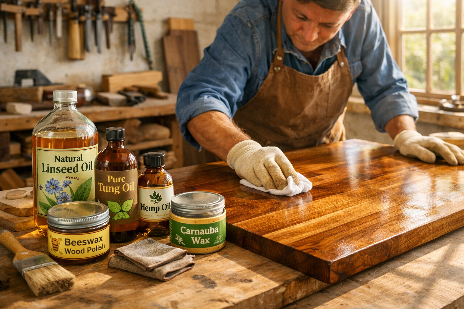 Detailed () image showing a craftsman carefully applying a natural oil finish to a wooden tabletop in a bright,