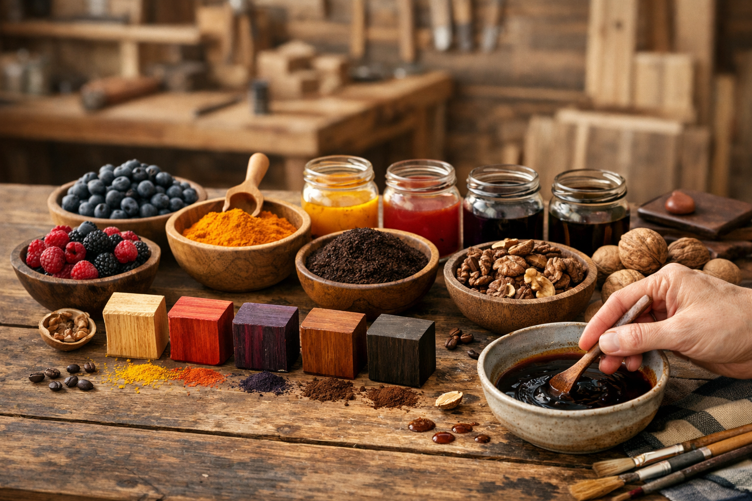 Detailed () image featuring a vibrant, artistic display of various natural stain ingredients: bowls of berries, turmeric