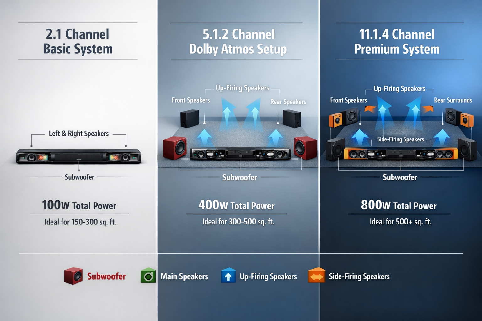 Soundbar Buying Guide 2026 Detailed landscape format (1536x1024) technical diagram showing soundbar channel configuration comparison chart with three distinct setups side-by-side: 2.1 channel basic system (left), 5.1.2 channel mid-tier Dolby Atmos setup (center), and 11.1.4 channel premium configuration (right). Each setup illustrated with color-coded speaker placement icons, upward-firing driver indicators in blue, side-firing speakers in orange, subwoofer in deep red. Clean infographic style with labeled arrows pointing to each component, power output specifications displayed in bold numbers beneath each configuration, room size recommendations in square footage. Modern tech aesthetic with gradient backgrounds transitioning from light gray to dark blue, white text overlays, measurement annotations, professional audio equipment visualization with cross-section views showing internal driver arrangements.
