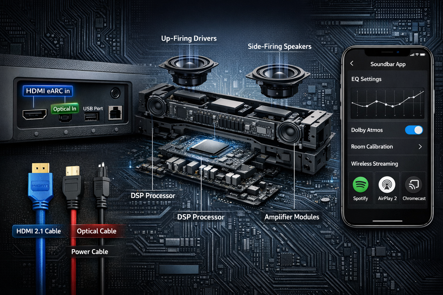Soundbar Buying Guide 2026 Detailed landscape format (1536x1024) connectivity and features comparison showcase displaying close-up product photography of premium soundbar rear panel on left side showing labeled ports: HDMI eARC input highlighted in blue, optical audio in green, USB port, Ethernet jack, power connection. Right side features modern smartphone screen displaying soundbar control app interface with EQ settings, Dolby Atmos toggle switch, room calibration tools, wireless streaming options (Spotify, AirPlay 2, Chromecast icons). Center section shows exploded view technical illustration of soundbar internal components: up-firing drivers, side-firing speakers, central channel array, digital signal processor chip, amplifier modules, all labeled with white text callouts on dark background. Color-coded cable connections shown below with HDMI 2.1 cable in blue, optical cable in red, power cord in black. Professional product photography lighting, high-tech aesthetic, circuit board texture background elements, 2026 smart home integration visual language.