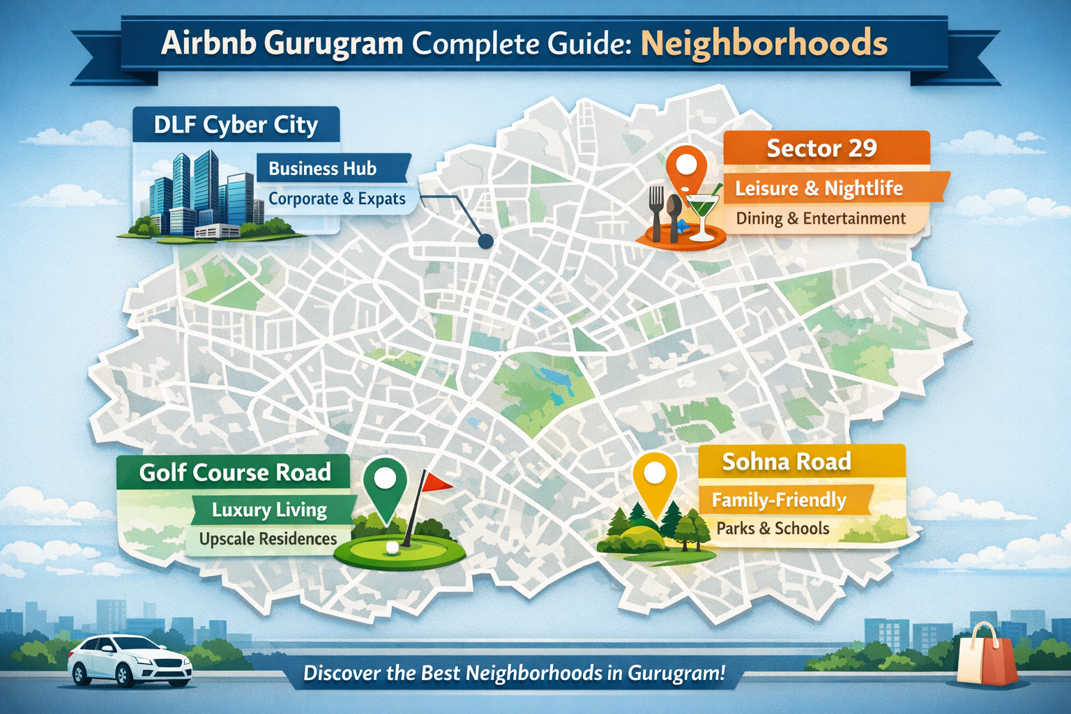 An infographic-style image illustrating the diverse neighborhoods of Gurugram. The central focus is a stylized map of Gurugram highlighting