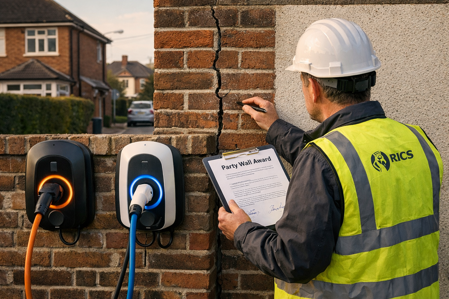 () editorial illustration showing a RICS-accredited surveyor in hard hat and hi-vis vest examining a shared party wall