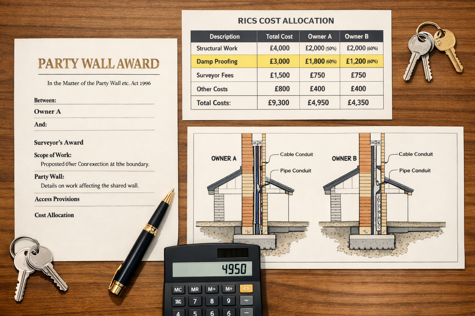 () top-down flat-lay infographic style image showing a wooden desk with a Party Wall Award legal document, a RICS cost