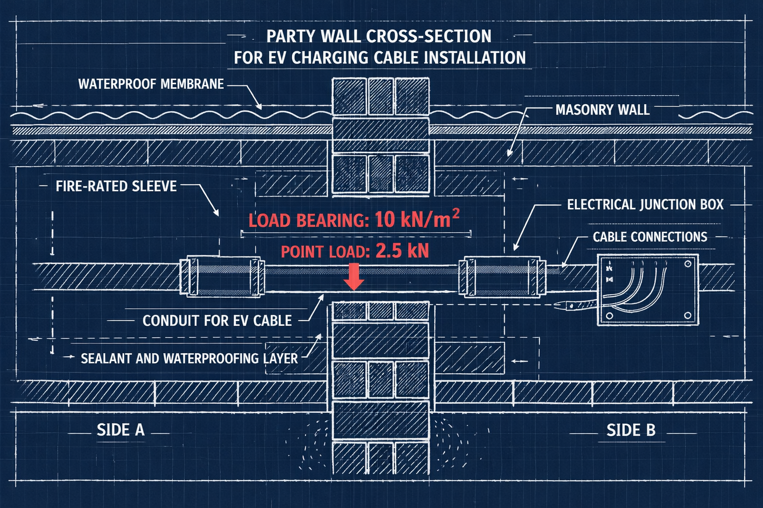 () close-up technical cross-section diagram of a party wall showing structural reinforcement details for EV charging cable