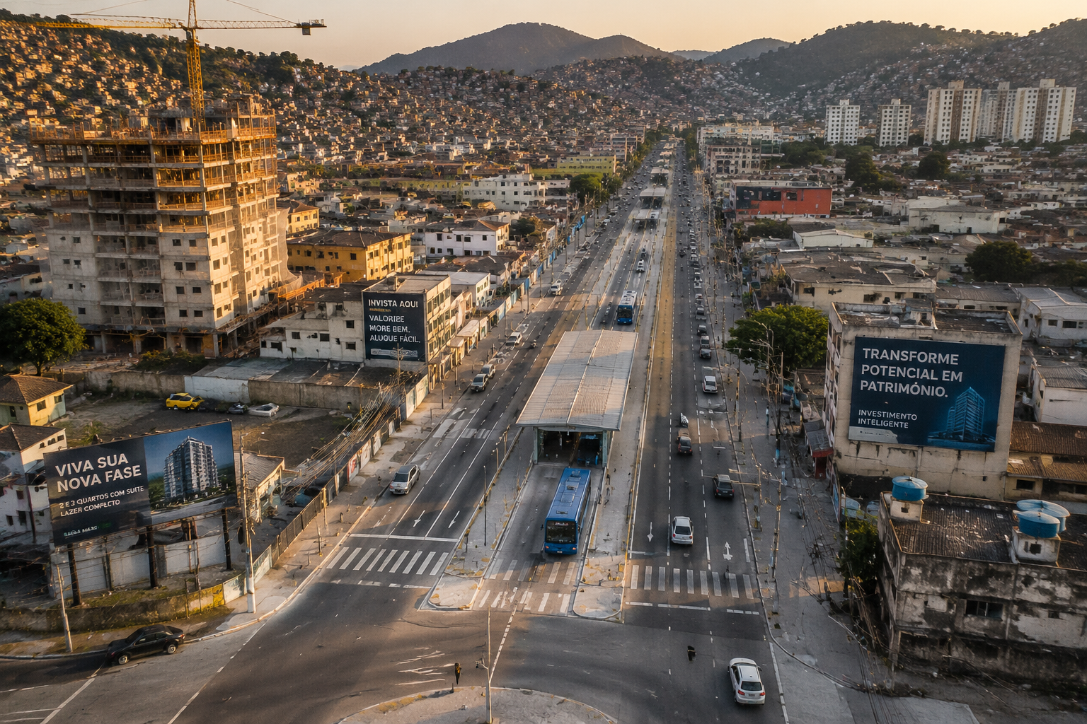 Aerial drone perspective photograph of Rio de Janeiro's TransBrasil BRT corridor at ground level showing the dedicated bus