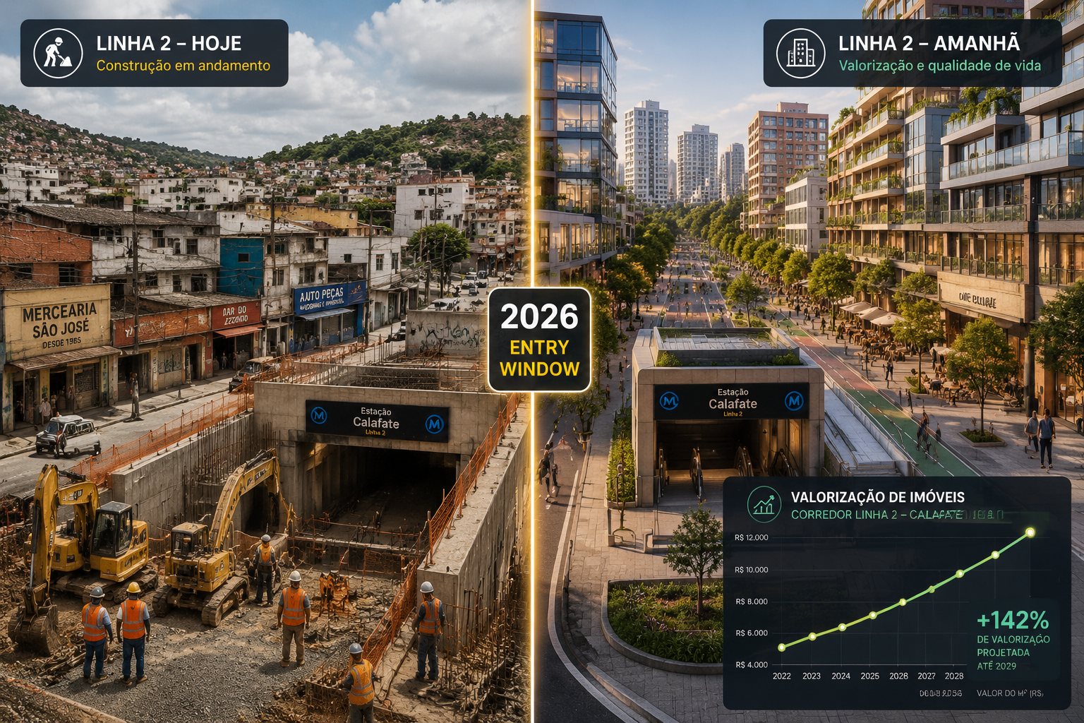 Split-screen () comparison image: left side shows Belo Horizonte's Linha 2 metro corridor with construction activity,