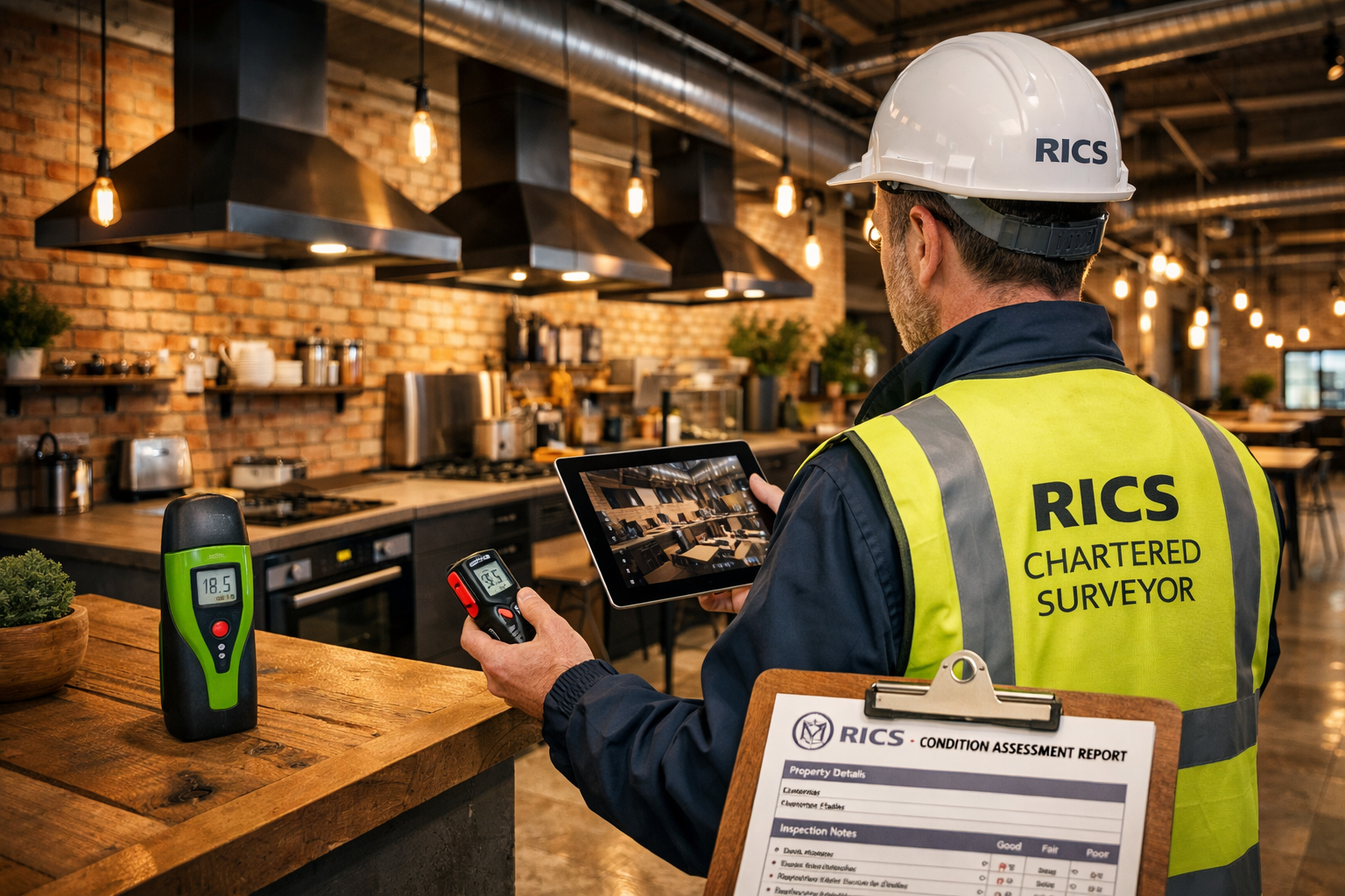Detailed () image showing RICS chartered surveyor conducting building condition assessment inside modern co-living communal