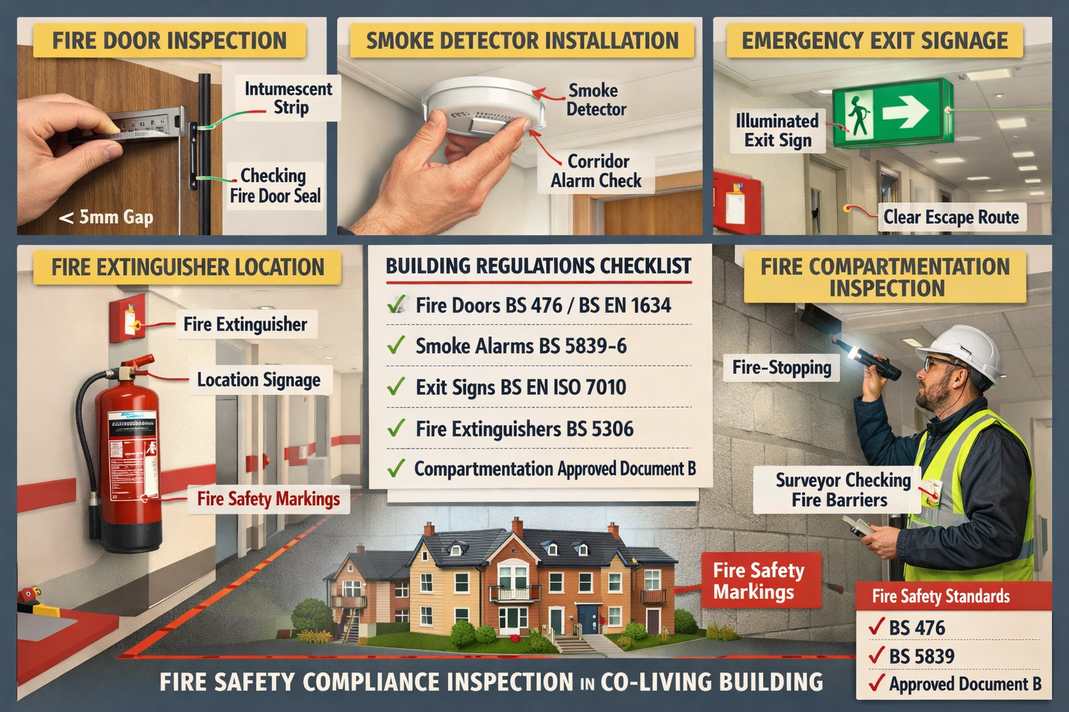 Comprehensive () visual diagram showing fire safety compliance inspection in co-living building, split-screen composition