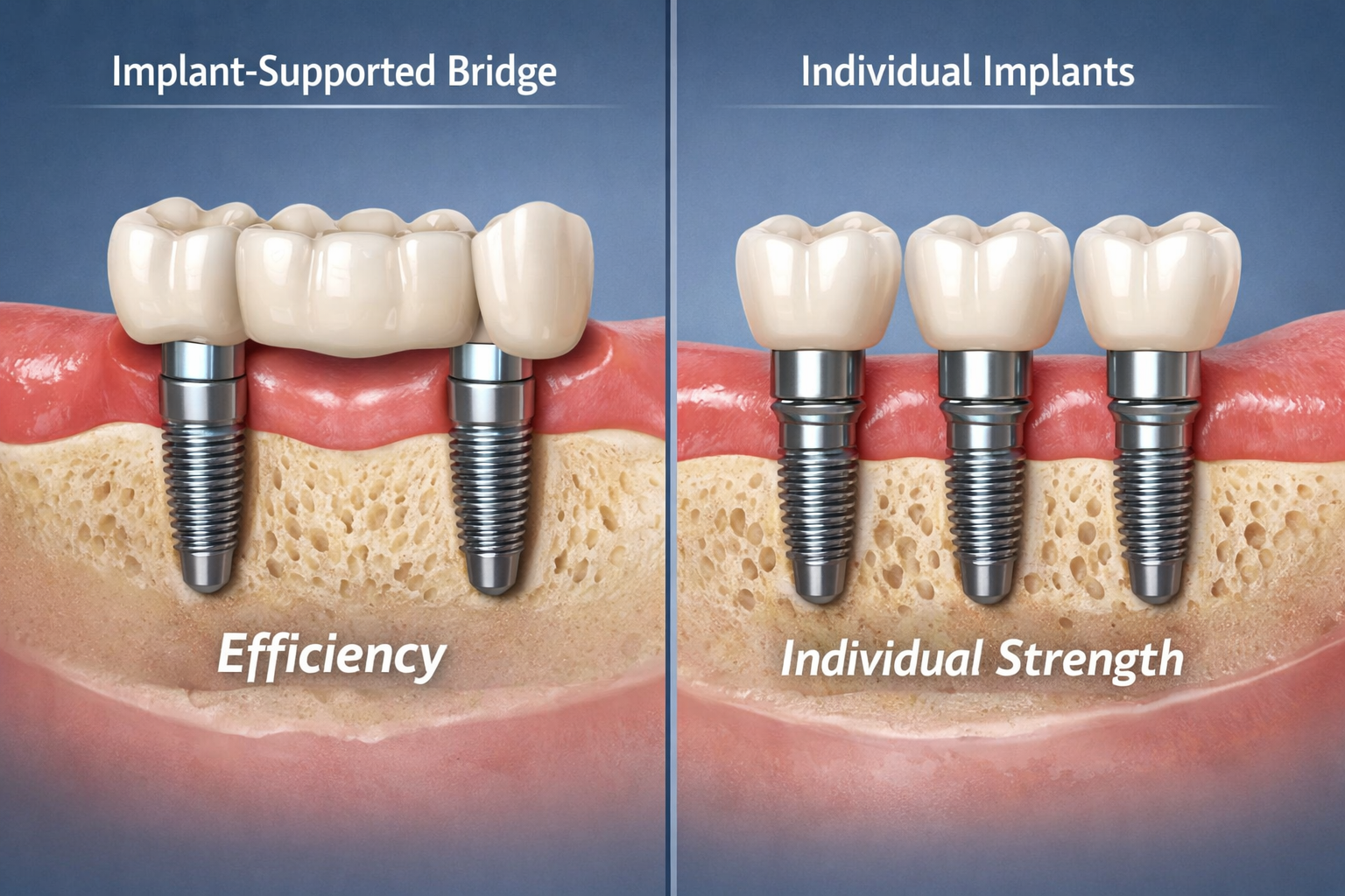 Landscape format (1536x1024) image illustrating a comparison between an implant-supported bridge replacing three missing teeth and three ind