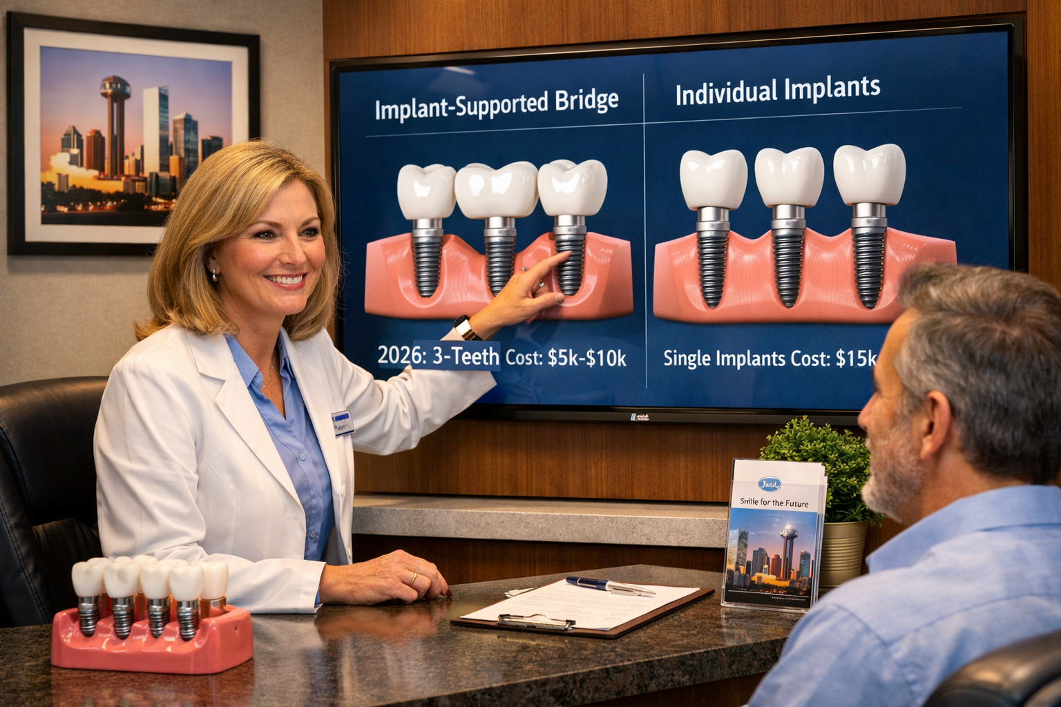 Landscape format (1536x1024) image depicting a patient consulting with a dentist in a modern, welcoming Dallas dental office. The dentist is