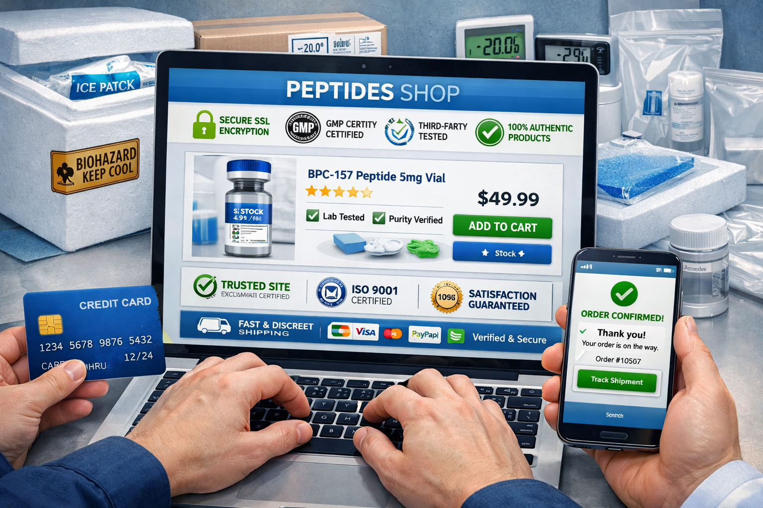 Landscape editorial image (1536x1024) depicting secure online shopping interface for peptides on modern laptop screen. Shows professional e-