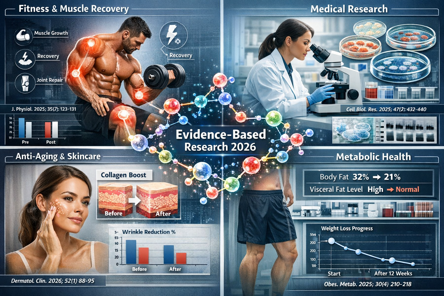 Landscape conceptual image (1536x1024) illustrating peptide research applications across different fields. Split-screen composition showing 