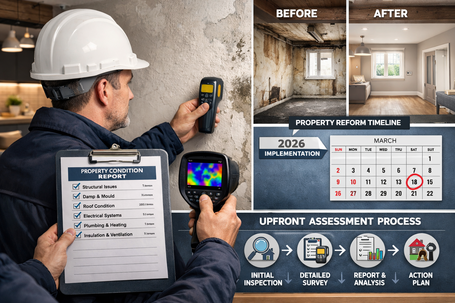 Detailed landscape format (1536x1024) editorial image showing professional building surveyor conducting comprehensive property condition ass