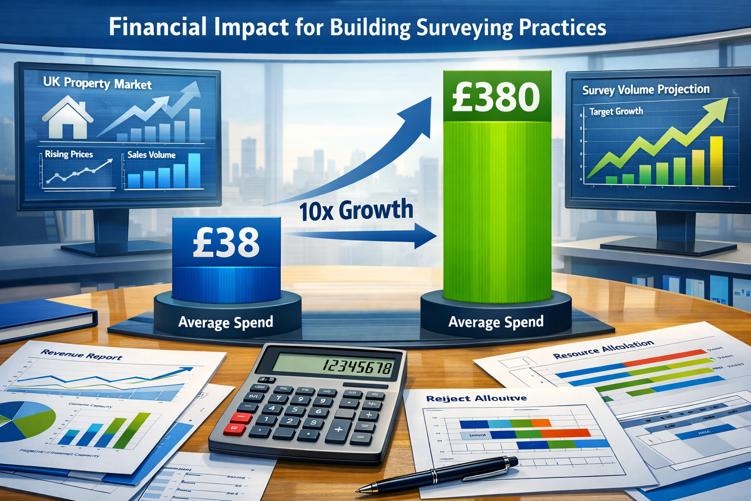 Informative landscape format (1536x1024) business concept illustration showing financial impact comparison chart for building surveying prac