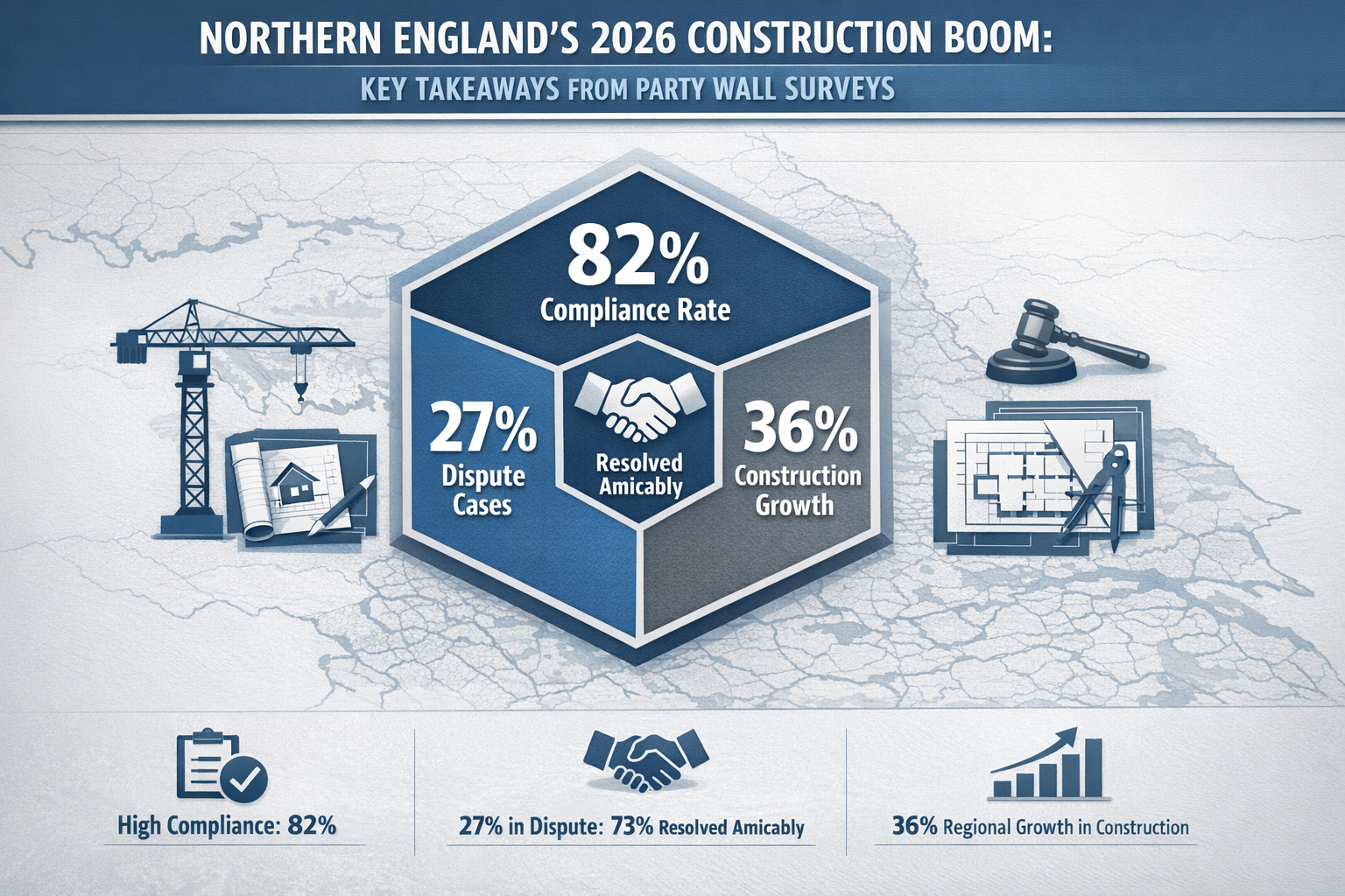 Key Takeaways infographic visualizing Party Wall Survey data for Northern England's 2026 Construction Boom. Central hexagonal graphic showin